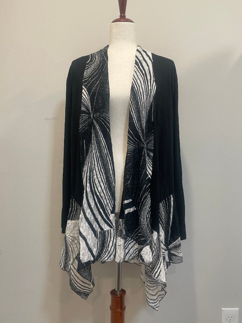MARTINE SAMOUN/PARIS CREATION Black Cardigan with B&W Patterned Lace Detailing